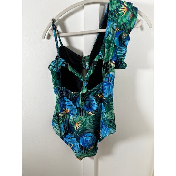 Tropical One-Shoulder Cutout Swimsuit – Palm Leaf Print with Ruffle Strap M - Picture 7 of 13